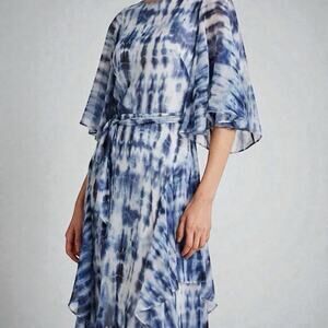 NWT Ralph Lauren Blue Tie-Dye Georgette Dress Bell Sleeves Ruffle Skirt Womens 6